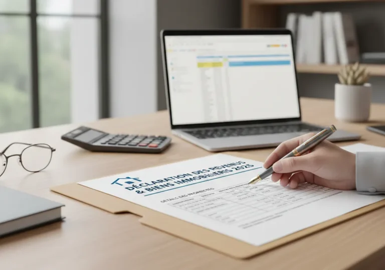 Bureau avec ordinateur et calculatrice, une personne remplit ce qui semble être la déclaration de biens immobiliers 2025.