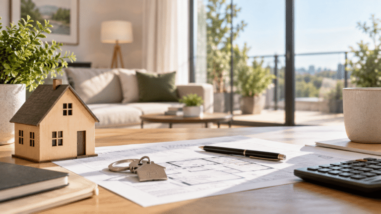 Maquette de maison, clés et plans immobiliers posés sur une table dans un appartement moderne et lumineux